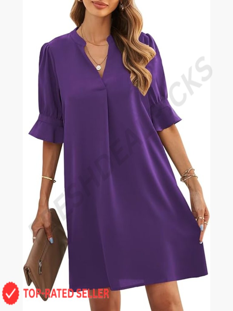 V-Neck Ruffled Short Sleeve Shift Dress Casual Summer Lightweight Soft Travel